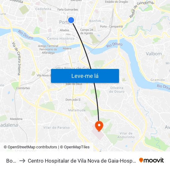 Bolhão to Centro Hospitalar de Vila Nova de Gaia-Hospital Eduardo Santos Silva map