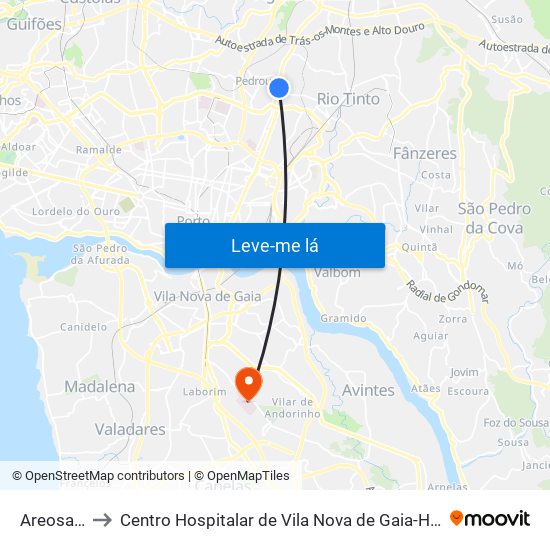 Areosa (Feira) to Centro Hospitalar de Vila Nova de Gaia-Hospital Eduardo Santos Silva map