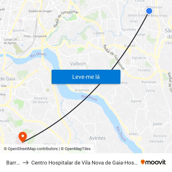 Barreiros to Centro Hospitalar de Vila Nova de Gaia-Hospital Eduardo Santos Silva map