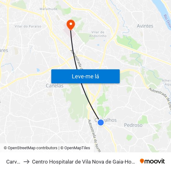 Carvalhos to Centro Hospitalar de Vila Nova de Gaia-Hospital Eduardo Santos Silva map