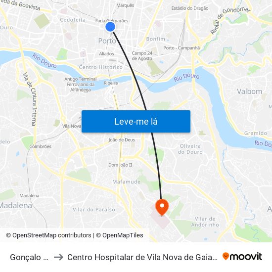 Gonçalo Cristóvão to Centro Hospitalar de Vila Nova de Gaia-Hospital Eduardo Santos Silva map