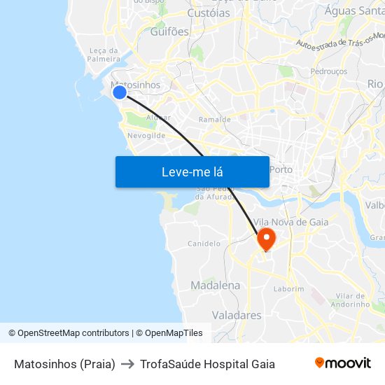 Matosinhos (Praia) to TrofaSaúde Hospital Gaia map