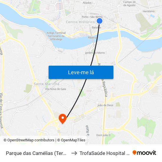 Parque das Camélias (Terminal) to TrofaSaúde Hospital Gaia map