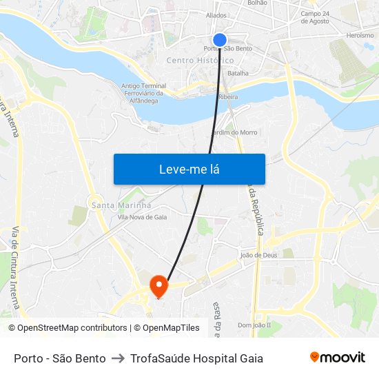 Porto - São Bento to TrofaSaúde Hospital Gaia map