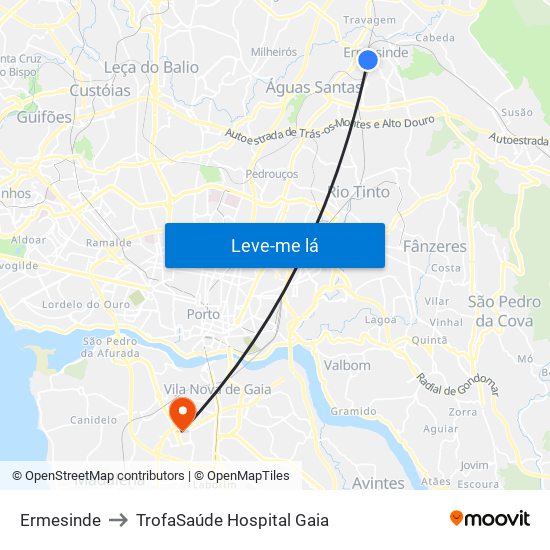 Ermesinde to TrofaSaúde Hospital Gaia map