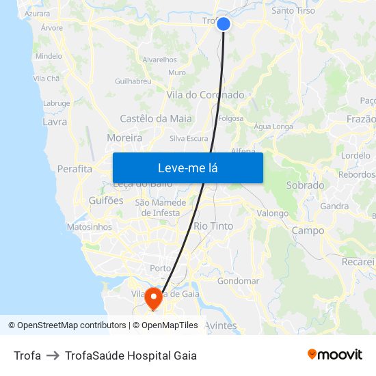 Trofa to TrofaSaúde Hospital Gaia map