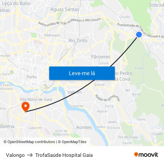 Valongo to TrofaSaúde Hospital Gaia map