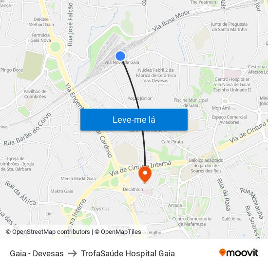 Gaia - Devesas to TrofaSaúde Hospital Gaia map