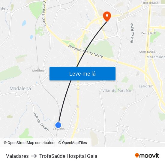 Valadares to TrofaSaúde Hospital Gaia map