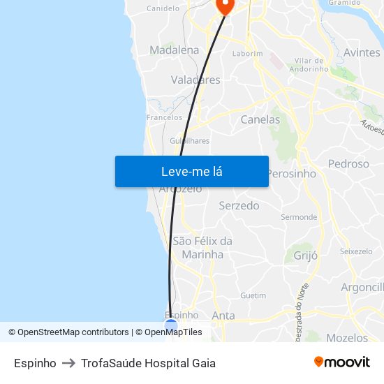 Espinho to TrofaSaúde Hospital Gaia map