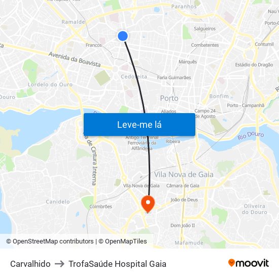 Carvalhido to TrofaSaúde Hospital Gaia map