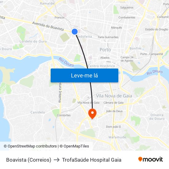 Boavista (Correios) to TrofaSaúde Hospital Gaia map