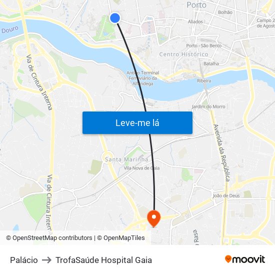 Palácio to TrofaSaúde Hospital Gaia map