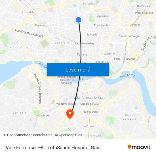 Vale Formoso to TrofaSaúde Hospital Gaia map