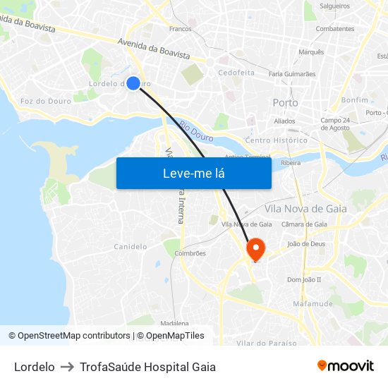 Lordelo to TrofaSaúde Hospital Gaia map