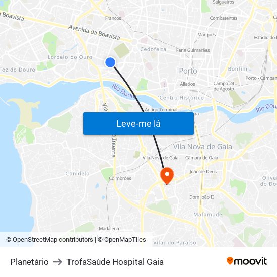 Planetário to TrofaSaúde Hospital Gaia map