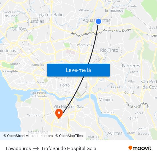 Lavadouros to TrofaSaúde Hospital Gaia map