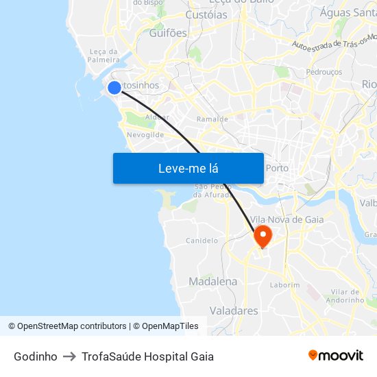 Godinho to TrofaSaúde Hospital Gaia map