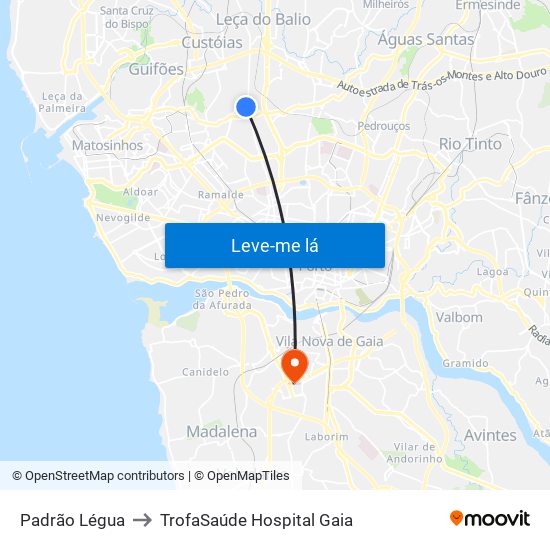 Padrão Légua to TrofaSaúde Hospital Gaia map