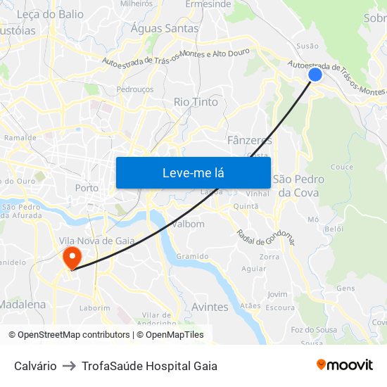 Calvário to TrofaSaúde Hospital Gaia map