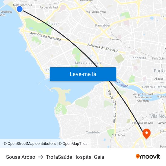 Sousa Aroso to TrofaSaúde Hospital Gaia map