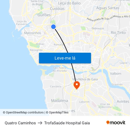 Quatro Caminhos to TrofaSaúde Hospital Gaia map