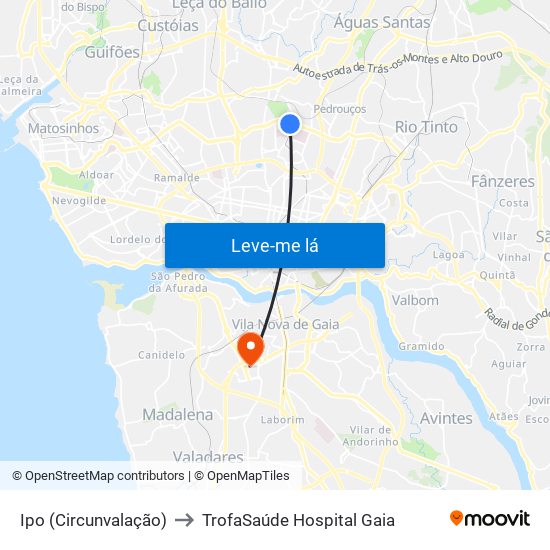 Ipo (Circunvalação) to TrofaSaúde Hospital Gaia map