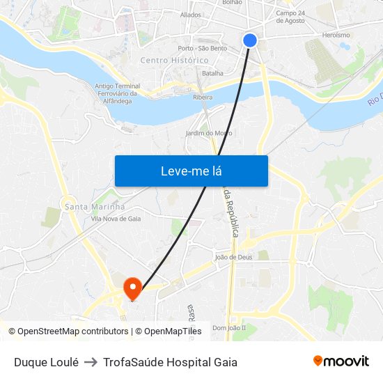 Duque Loulé to TrofaSaúde Hospital Gaia map