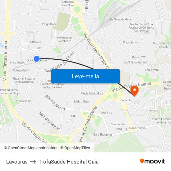 Lavouras to TrofaSaúde Hospital Gaia map