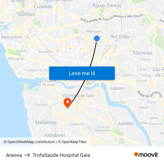 Areosa to TrofaSaúde Hospital Gaia map