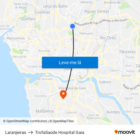 Laranjeiras to TrofaSaúde Hospital Gaia map