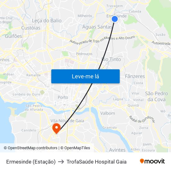 Ermesinde (Estação) to TrofaSaúde Hospital Gaia map