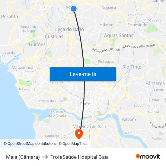 Maia (Câmara) to TrofaSaúde Hospital Gaia map