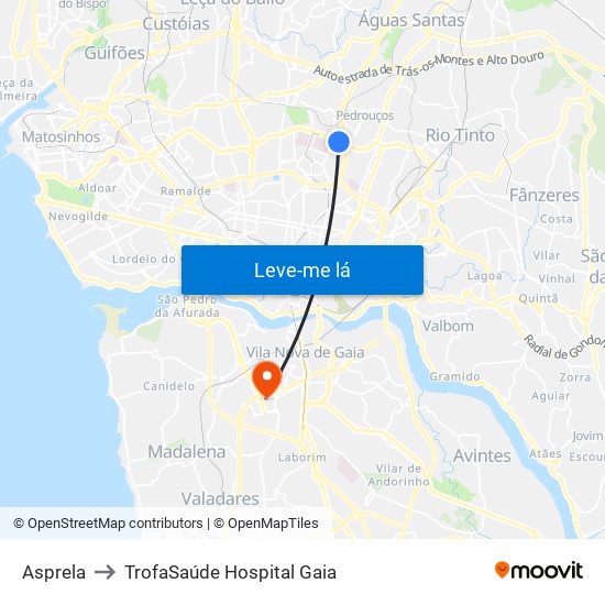 Asprela to TrofaSaúde Hospital Gaia map