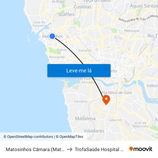 Matosinhos Câmara (Matc1) to TrofaSaúde Hospital Gaia map