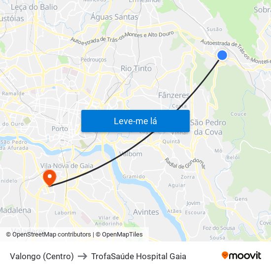 Valongo (Centro) to TrofaSaúde Hospital Gaia map