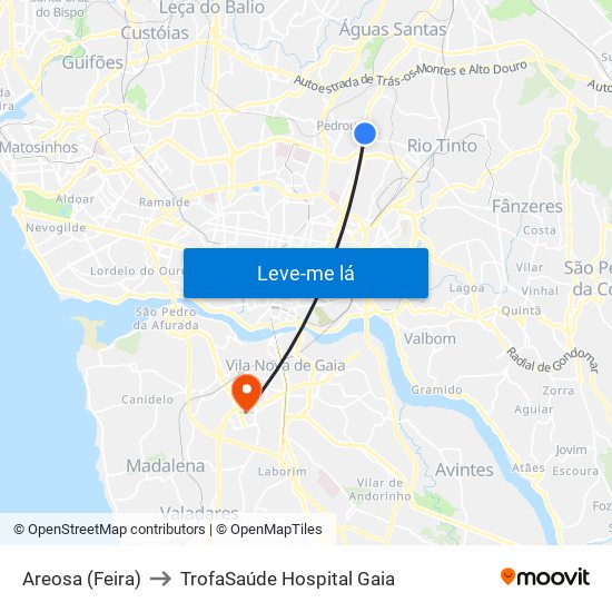 Areosa (Feira) to TrofaSaúde Hospital Gaia map