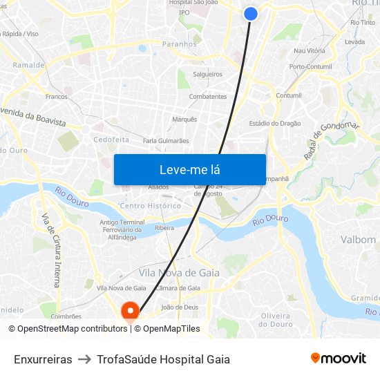 Enxurreiras to TrofaSaúde Hospital Gaia map