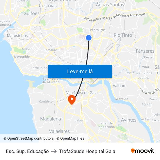 Esc. Sup. Educação to TrofaSaúde Hospital Gaia map