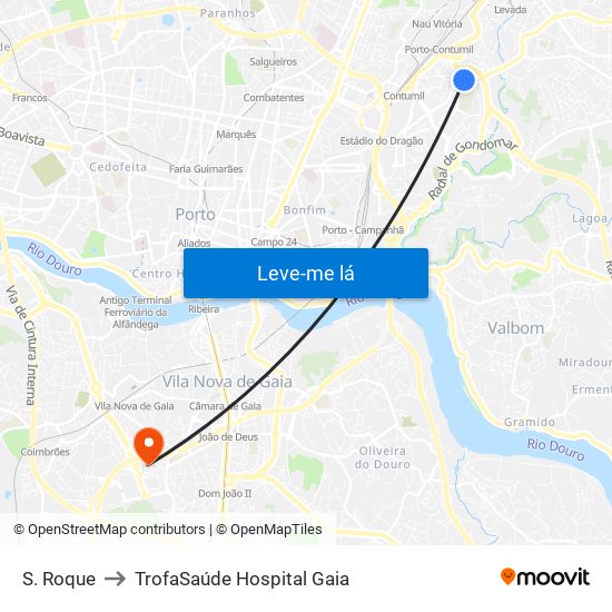 S. Roque to TrofaSaúde Hospital Gaia map