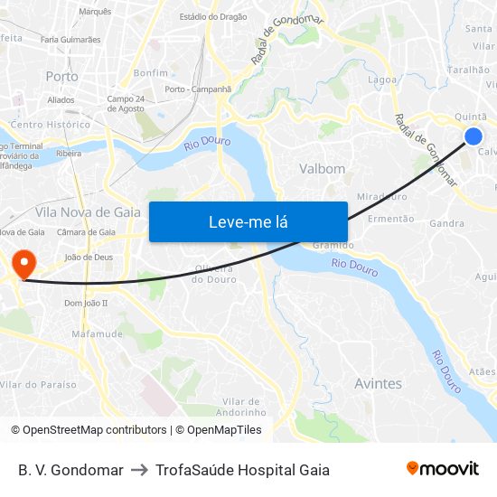 B. V. Gondomar to TrofaSaúde Hospital Gaia map