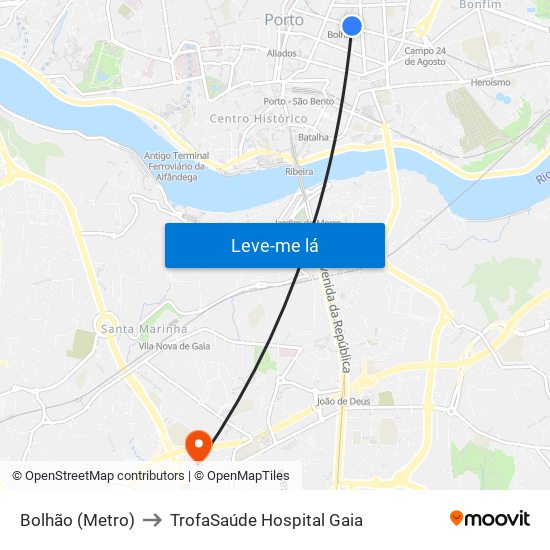Bolhão (Metro) to TrofaSaúde Hospital Gaia map