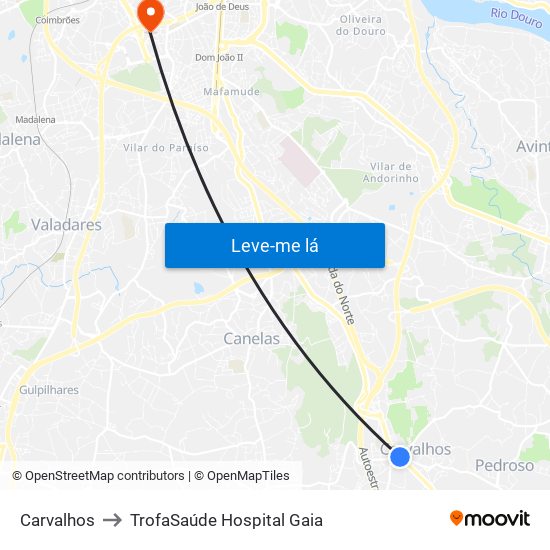 Carvalhos to TrofaSaúde Hospital Gaia map