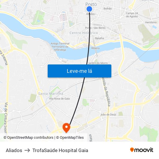 Aliados to TrofaSaúde Hospital Gaia map