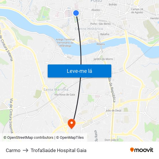 Carmo to TrofaSaúde Hospital Gaia map