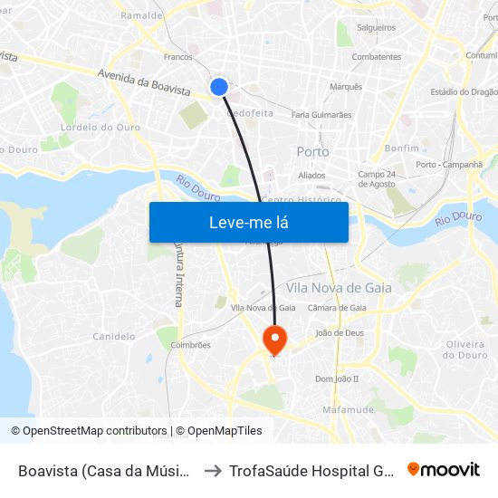 Boavista (Casa da Música) to TrofaSaúde Hospital Gaia map
