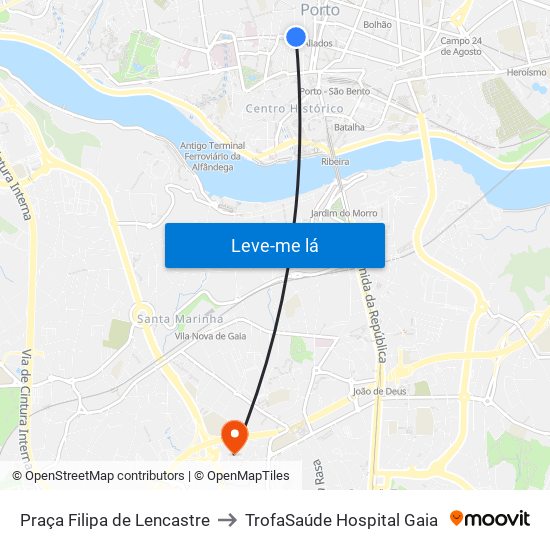 Praça Filipa de Lencastre to TrofaSaúde Hospital Gaia map