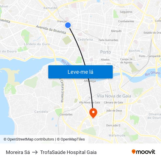 Moreira Sá to TrofaSaúde Hospital Gaia map