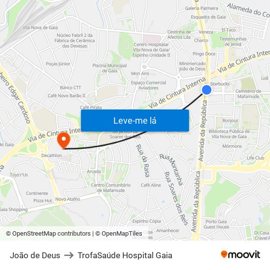 João de Deus to TrofaSaúde Hospital Gaia map