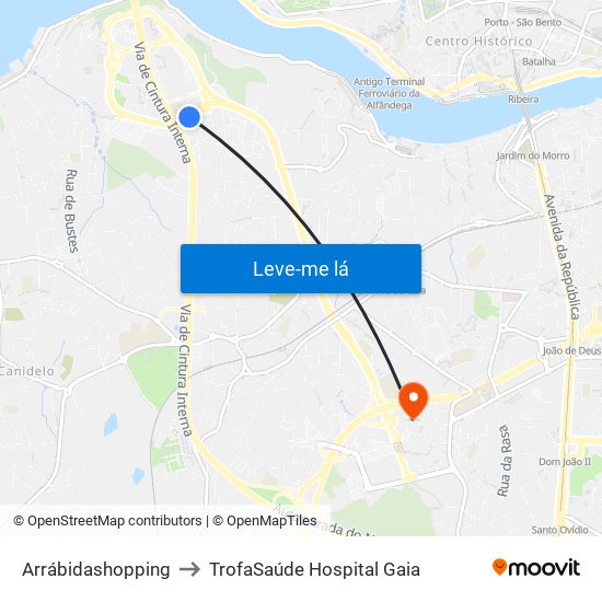 Arrábidashopping to TrofaSaúde Hospital Gaia map